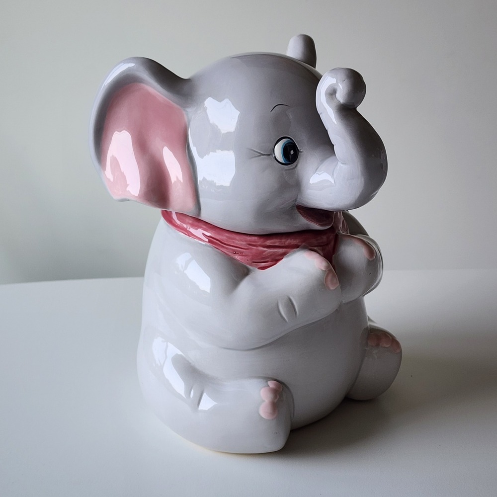 Elephant Cookie Jar Ceramic Grey Trunk Up Lucky Kitsch Porcelain Vintage Decor